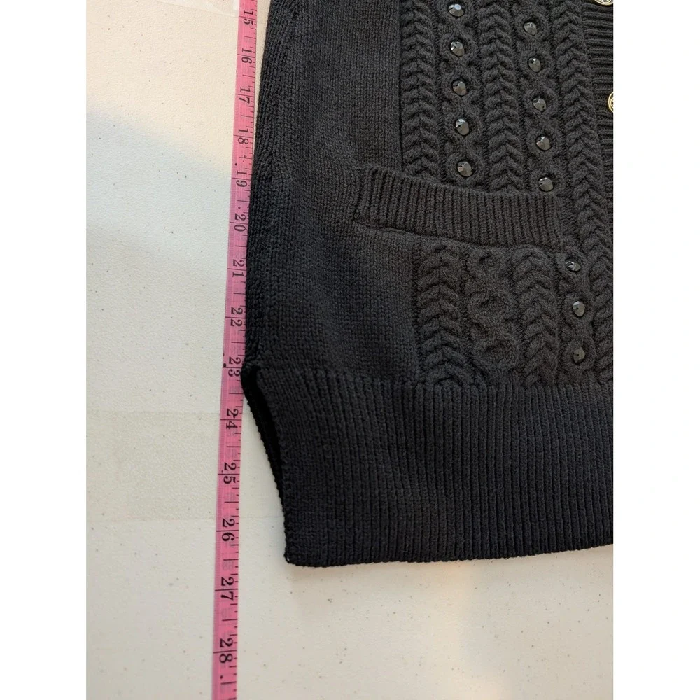 C Wonder Black Cable Knit Studded Cardigan Sweater XXS Gold Buttons Pockets - Picture 10 of 13